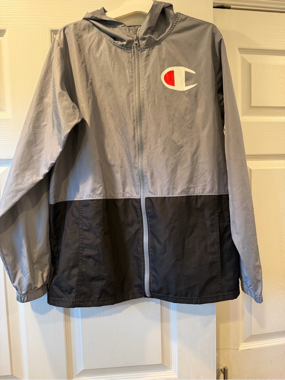 Champion Two-Tone Hooded Windbreaker Jacket - Gray & Black with Red Logo
